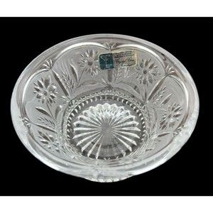 Vintage 24% Lead Crystal  Frosted Etched Floral Flowers Candy Bowl Dish